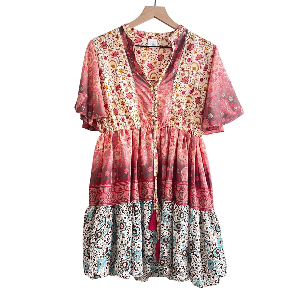 Boho 100% Silk Patchwork Tunic Dress S/M Pink Floral Tassel Mini Dress Hippie